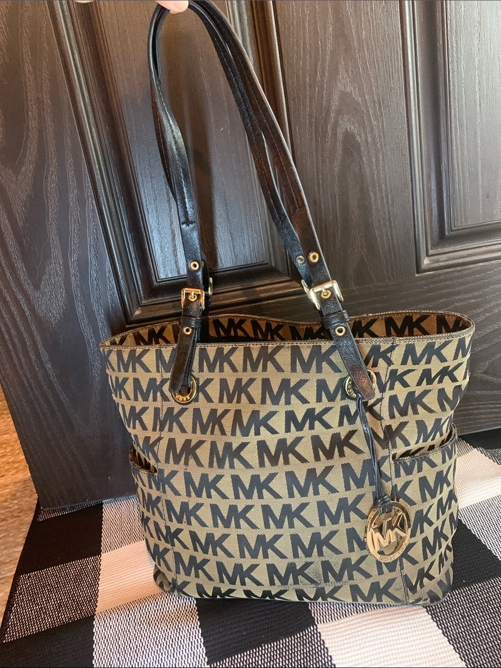 Michael Kors Tan and Black Jet Set Monogram MK Logo Tote with Gold Charm
